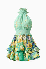 Estelle Halter Mini Dress in Green Floral