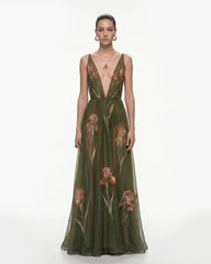 Sheer Floral Print Maxi Dress - Olive