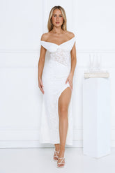Ivory Veil Off Shoulder Lace Maxi Dress White