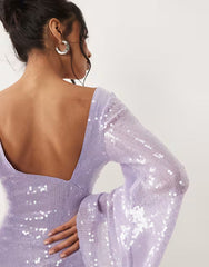 sequin waterfall sleeve mini dress in lilac