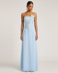 Orchid Embroidered Strapless A-Line Maxi Dress - Light Blue