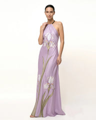 Iris Floral Print Halter Maxi Dress - Lavender