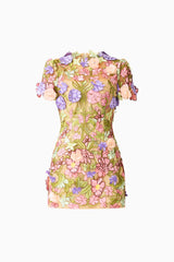 Fiora Shift Mini Dress in Green & Pink Floral