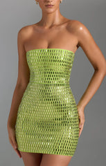Oh Polly Aurora Embellished Bandeau Mini Dress in Pear Green