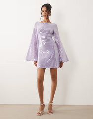 sequin waterfall sleeve mini dress in lilac