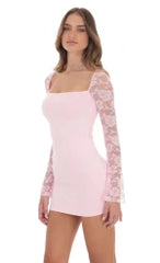 Floral Lace Long Sleeve Dress in Pink