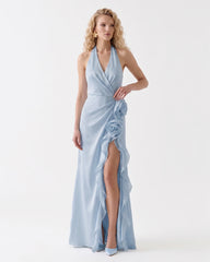 Halter Draped Rosette Slit Maxi Dress - Light Blue