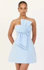 Chika Mini Dress - Linen Strapless Front Bow Dress in Pale Blue