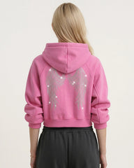 The Darling Crystal Feather Wing Cropped Hoodie - Acid Pink