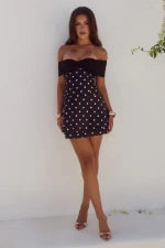 KADIE OFF SHOULDER MINI DRESS - BLACK/WHITE POLKA