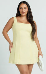 Adiana Mini Dress - Linen Square Neck Shirred Back A Line Dress in Lemon