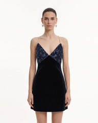 Beaded Floral Strappy Open-Back Mini Dress - Black & Navy