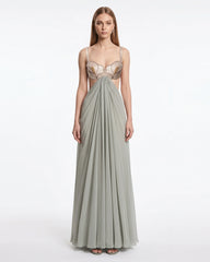 3D Floral Cutout Draped Maxi Dress - Sage Green