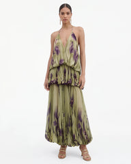 Floral Print Plunge-Neck Tiered Bubble-Hem Maxi Dress - Olive Green
