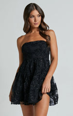 Marzy Mini Dress - Strapless Floral Detail Lace Fit and Flare Dress in Black