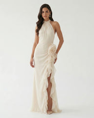 Halter Ruffle Rosette Slit Maxi Dress - Ivory