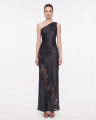 Lace Panel One-Shoulder Satin Maxi Dress - Black