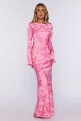 Sweet Clover Long Sleeve Satin Maxi Dress Pink