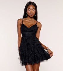Sparkly Moves Glitter Mesh Ruffle Skater Dress