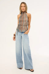 Motel Brienne Top Blue and Brown Shimmer Sheer Plisse