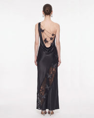 Lace Panel One-Shoulder Satin Maxi Dress - Black