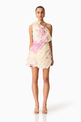 Rova One Shoulder Mini Dress in Cream & Pink Floral