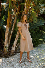 Elle Gingham Midi Dress in Tan