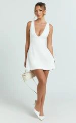 Karissa Mini Dress - V Neck Fit And Flare Dress in White