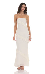 Strapless Lace Ruffle Maxi Dress in Ivory