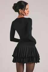 V-Neck Ruffle Skirt Mini Dress in Black