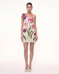Tulip Floral Spaghetti Strap Mini Dress - Ivory