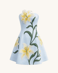 Lily Floral Print Strapless A-Line Mini Dress - Light Blue
