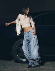High-Neck Lace T-Shirt With Frill Sleeves