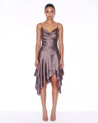 Satin Cowl-Neck Asymmetric Ruffle Midi Dress - Mauve