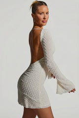 Embellished Open-Back A-Line Mini Dress in White