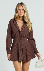 Whitney Mini Dress - Linen Long Sleeve Shirt Dress in Chocolate Pinstripe