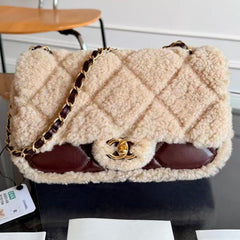 CC 2025 Flap Bag 23.5cm Beige Dark Burgundy Sherling Lambskin Gold Hardware