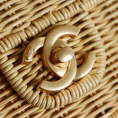 CC 2025/26 Mini Flap Bag with Top Handle Beige Braided Rattan