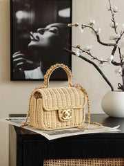 CC 2025/26 Mini Flap Bag with Top Handle Beige Braided Rattan