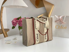 Chloé Woody Small Tote Bag 26cm Khaki Canvas