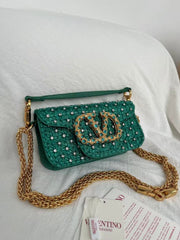VLTN Locò Shoulder Bag Emerald Green Embroidered Satin