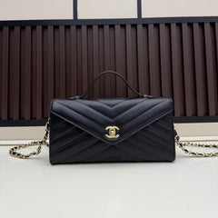 CC Large Flap Bag With Handles Black Goat Leather