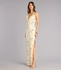 Maren Floral Sequin Mesh Halter Formal Dress