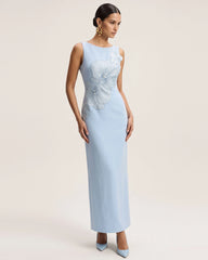 Orchid Embroidered Crew Neck Fitted Maxi Dress - Light Blue