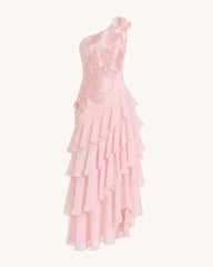 Orchid Embroidered One Shoulder Ruffle Maxi Dress - Pink