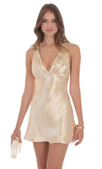Satin V-Neck Open back Dress in Gold