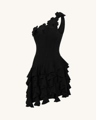Flower Embroidered One-Shoulder Corset Mini Dress - Black
