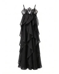 Orchid Embroidered Organza Maxi Dress - Black