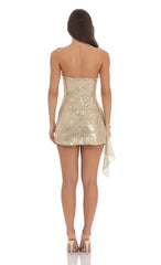 Sequin Side Ruched Strapless Dress in Gold