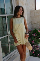 Boat Neck Side Tie Mini Dress-Butter Yellow